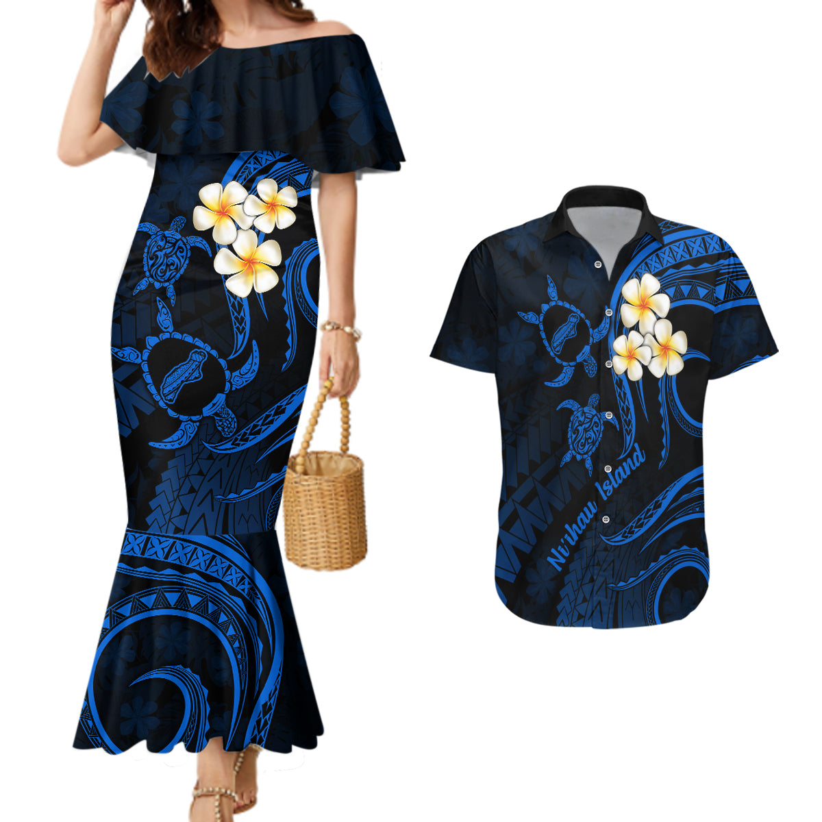 Hawaii Couples Mermaid Dress And Hawaiian Shirt Niihau Islands Polynesian Sunset Plumeria Blue Vibe LT9 - Wonder Print Shop