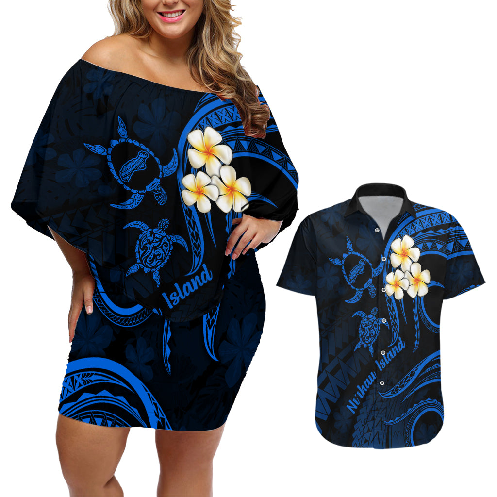 Hawaii Couples Off Shoulder Short Dress and Hawaiian Shirt Niihau Islands Polynesian Sunset Plumeria Blue Vibe LT9 - Wonder Print Shop