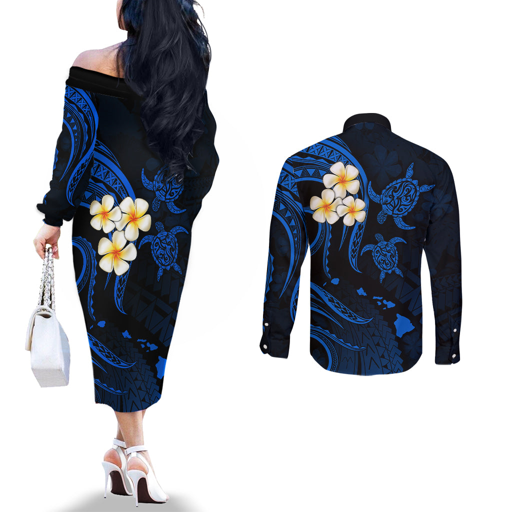 hawaii-couples-off-the-shoulder-long-sleeve-dress-and-long-sleeve-button-shirts-niihau-islands-polynesian-sunset-plumeria-blue-vibe