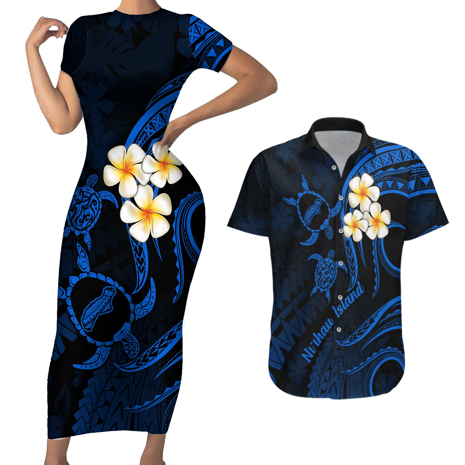 Hawaii Couples Short Sleeve Bodycon Dress and Hawaiian Shirt Niihau Islands Polynesian Sunset Plumeria Blue Vibe LT9 - Wonder Print Shop