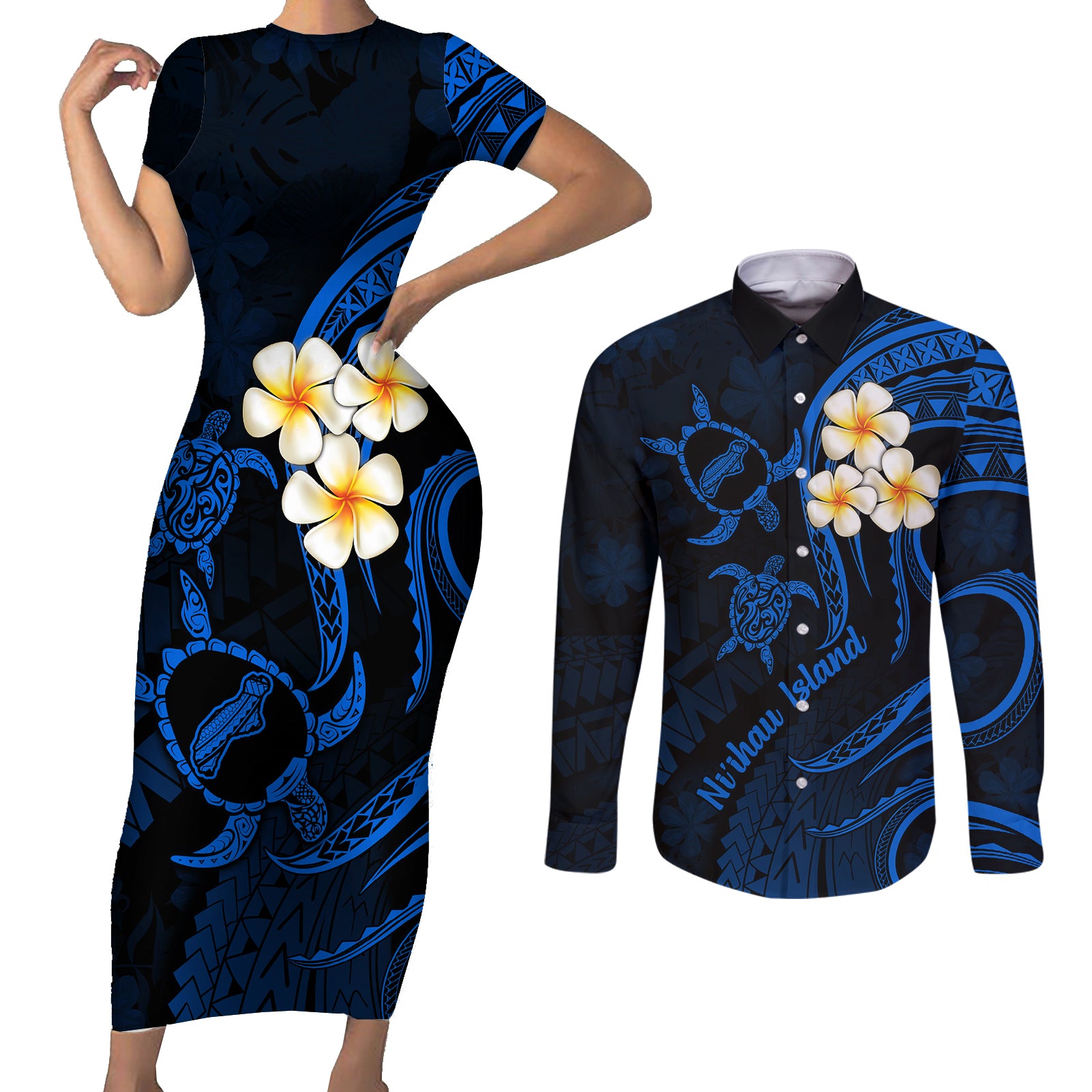 Hawaii Couples Short Sleeve Bodycon Dress and Long Sleeve Button Shirts Niihau Islands Polynesian Sunset Plumeria Blue Vibe LT9 - Wonder Print Shop