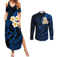 Hawaii Couples Summer Maxi Dress and Long Sleeve Button Shirts Niihau Islands Polynesian Sunset Plumeria Blue Vibe LT9 - Wonder Print Shop
