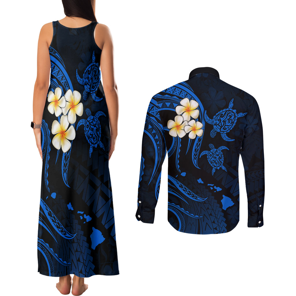 Hawaii Couples Matching Tank Maxi Dress and Long Sleeve Button Shirts Niihau Islands Polynesian Sunset Plumeria Blue Vibe LT9 - Wonder Print Shop