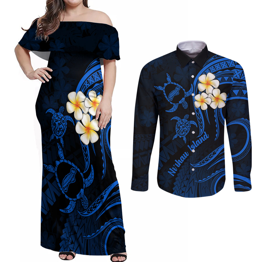 Hawaii Couples Off Shoulder Maxi Dress and Long Sleeve Button Shirts Niihau Islands Polynesian Sunset Plumeria Blue Vibe LT9 - Wonder Print Shop