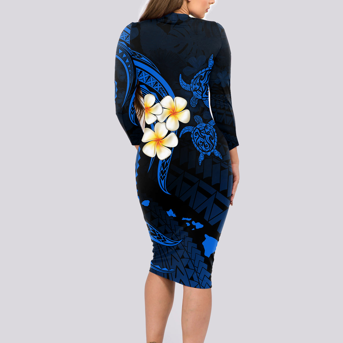 Hawaii Long Sleeve Bodycon Dress Niihau Islands Polynesian Sunset Plumeria Blue Vibe - Wonder Print Shop
