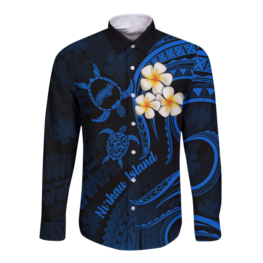 Hawaii Long Sleeve Button Shirt Niihau Islands Polynesian Sunset Plumeria Blue Vibe - Wonder Print Shop