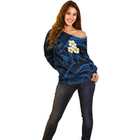 Hawaii Off Shoulder Sweater Niihau Islands Polynesian Sunset Plumeria Blue Vibe - Wonder Print Shop
