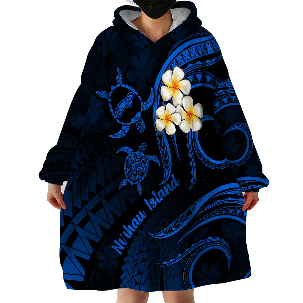 Hawaii Wearable Blanket Hoodie Niihau Islands Polynesian Sunset Plumeria Blue Vibe - Wonder Print Shop