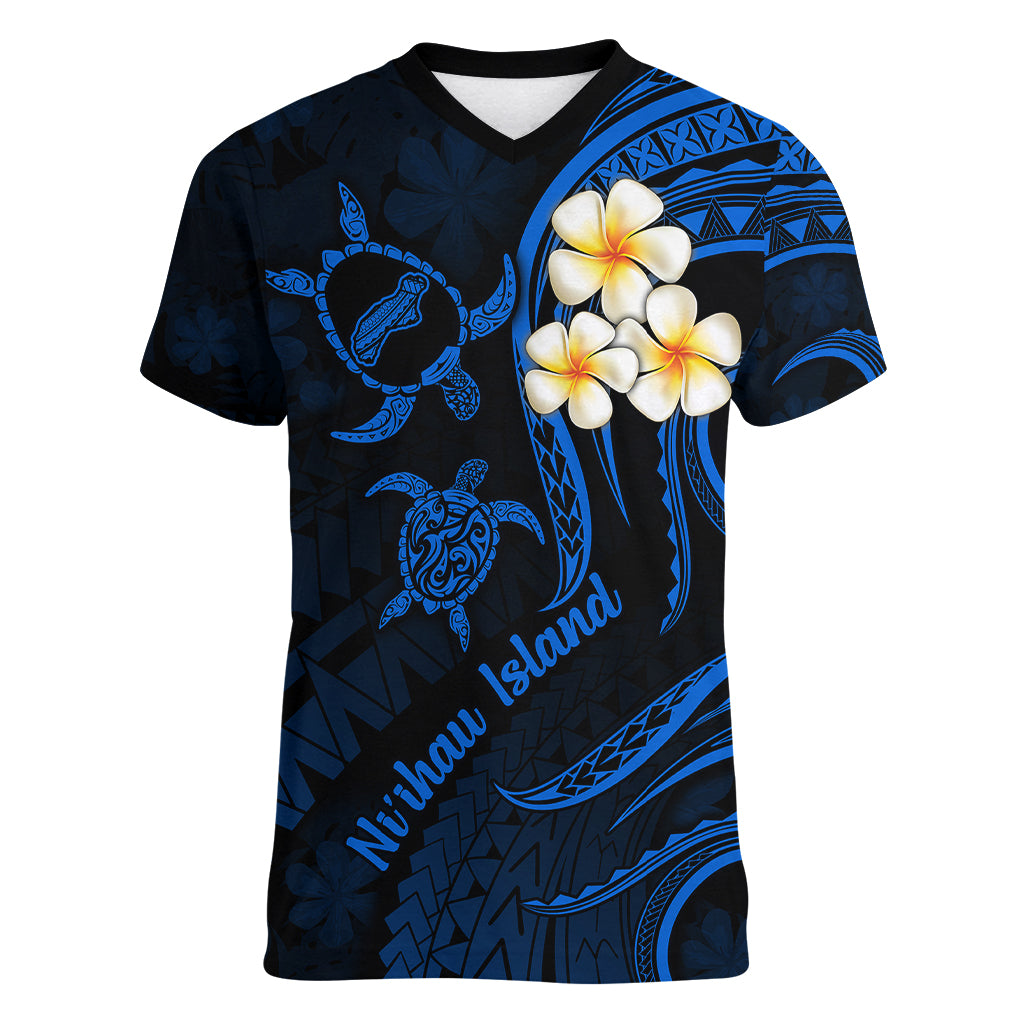 Hawaii Women V Neck T Shirt Niihau Islands Polynesian Sunset Plumeria Blue Vibe - Wonder Print Shop