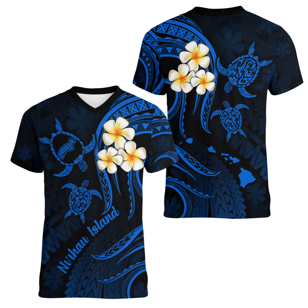 Hawaii Women V Neck T Shirt Niihau Islands Polynesian Sunset Plumeria Blue Vibe - Wonder Print Shop