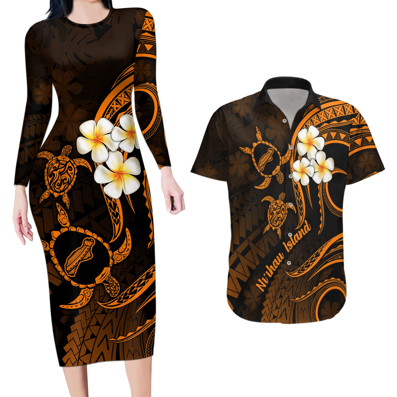 Hawaii Couples Long Sleeve Bodycon Dress and Hawaiian Shirt Niihau Islands Polynesian Sunset Plumeria Gold Vibe LT9 - Wonder Print Shop
