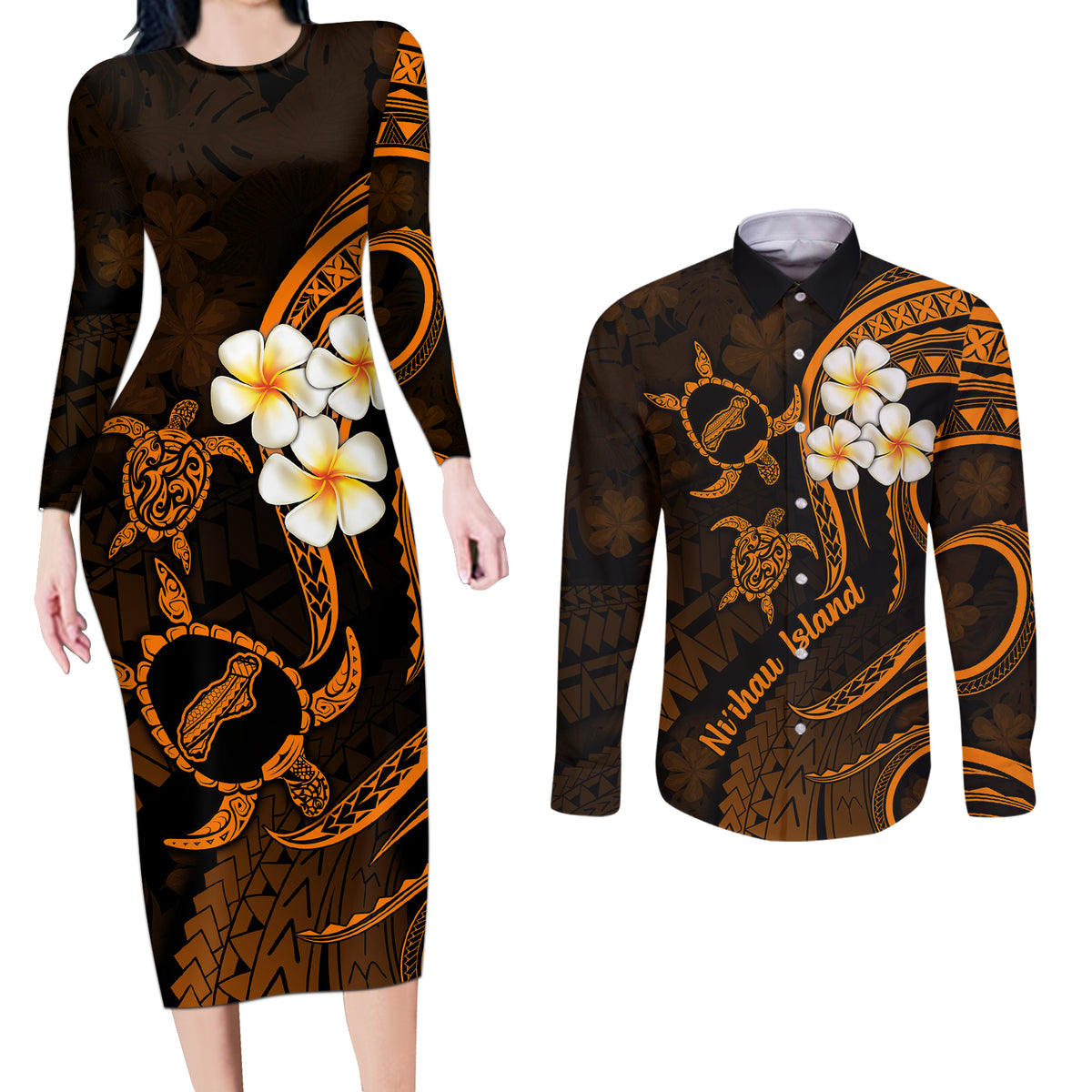 Hawaii Couples Long Sleeve Bodycon Dress and Long Sleeve Button Shirts Niihau Islands Polynesian Sunset Plumeria Gold Vibe LT9 - Wonder Print Shop