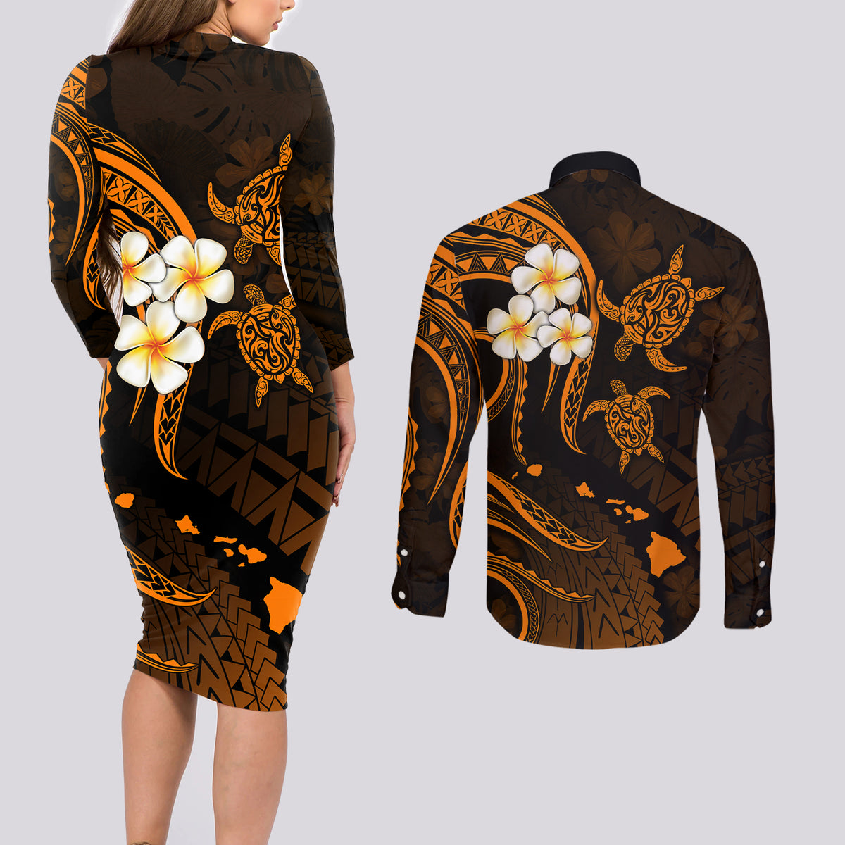 Hawaii Couples Long Sleeve Bodycon Dress and Long Sleeve Button Shirts Niihau Islands Polynesian Sunset Plumeria Gold Vibe LT9 - Wonder Print Shop