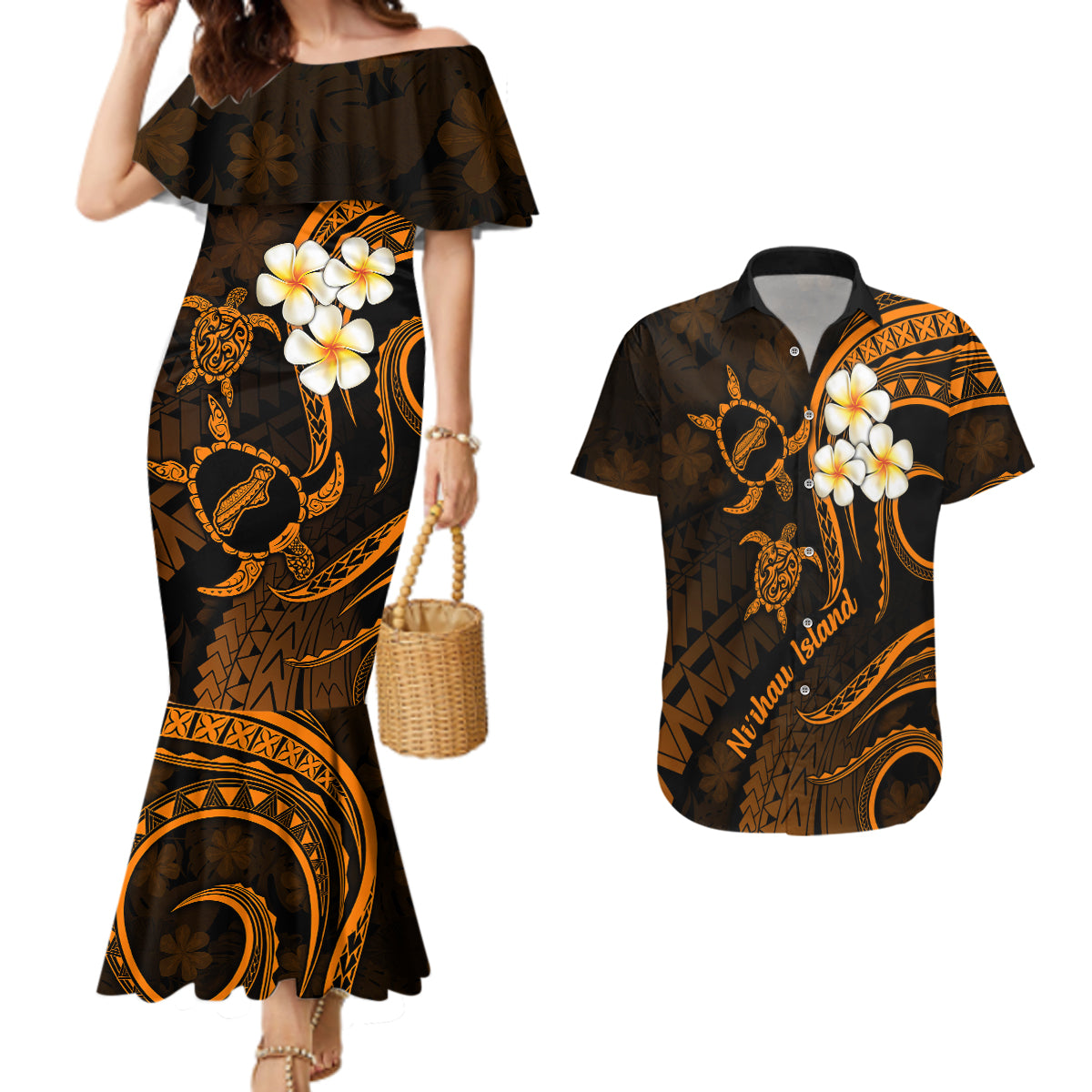 Hawaii Couples Mermaid Dress And Hawaiian Shirt Niihau Islands Polynesian Sunset Plumeria Gold Vibe LT9 - Wonder Print Shop
