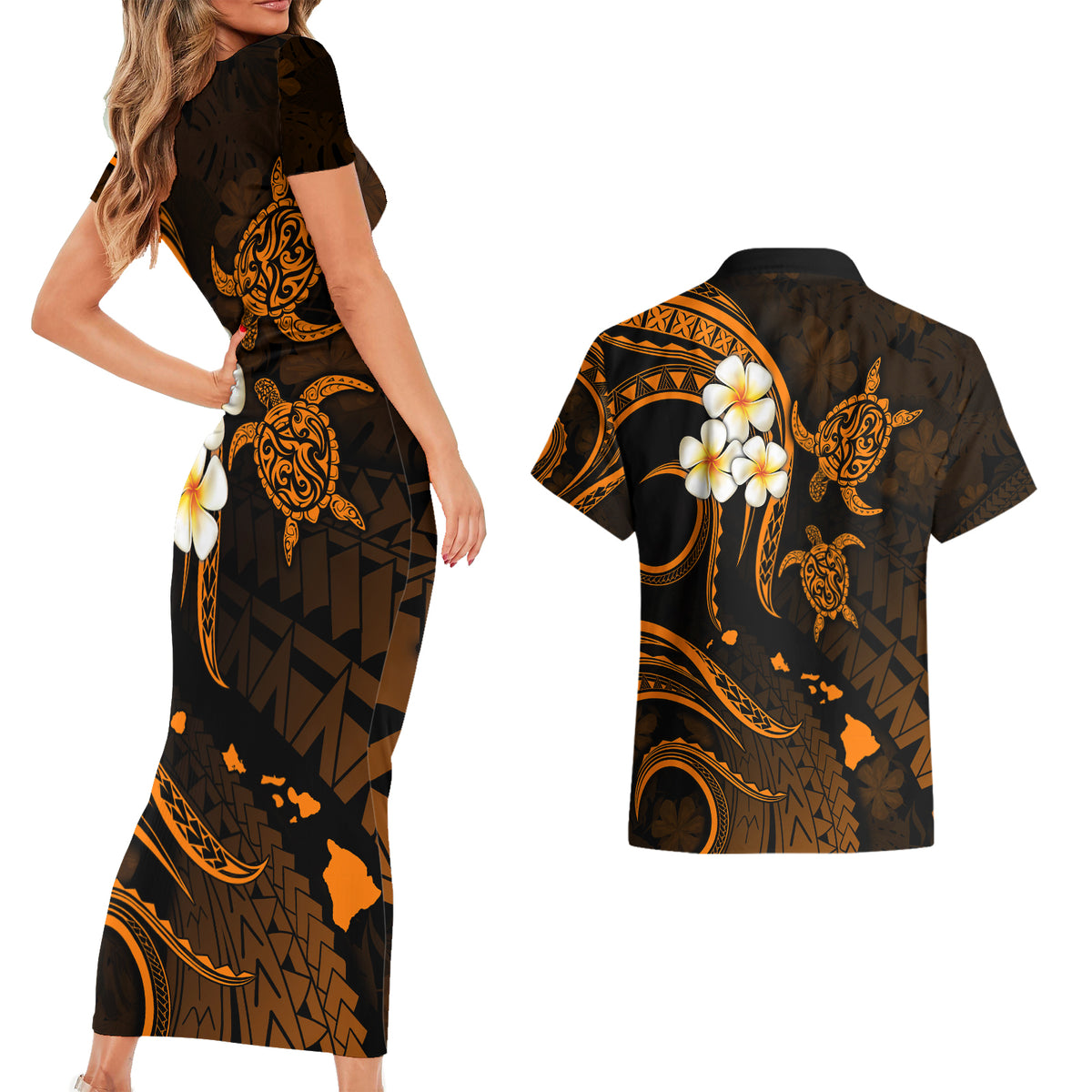 Hawaii Couples Short Sleeve Bodycon Dress and Hawaiian Shirt Niihau Islands Polynesian Sunset Plumeria Gold Vibe LT9 - Wonder Print Shop