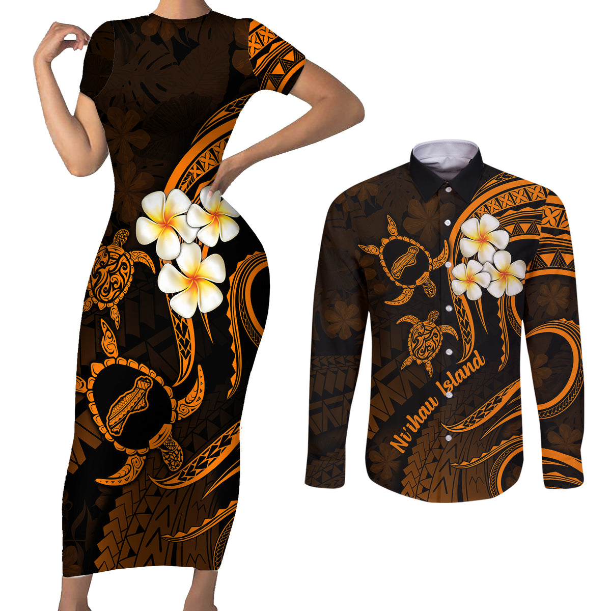 Hawaii Couples Short Sleeve Bodycon Dress and Long Sleeve Button Shirts Niihau Islands Polynesian Sunset Plumeria Gold Vibe LT9 - Wonder Print Shop