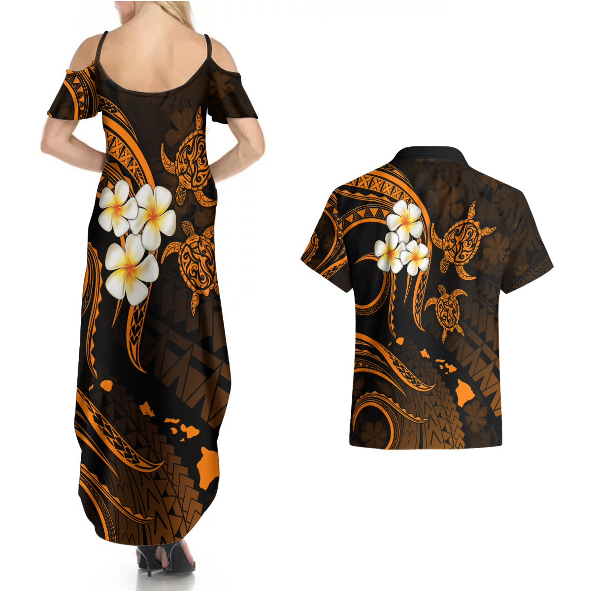 Hawaii Couples Summer Maxi Dress and Hawaiian Shirt Niihau Islands Polynesian Sunset Plumeria Gold Vibe LT9 - Wonder Print Shop