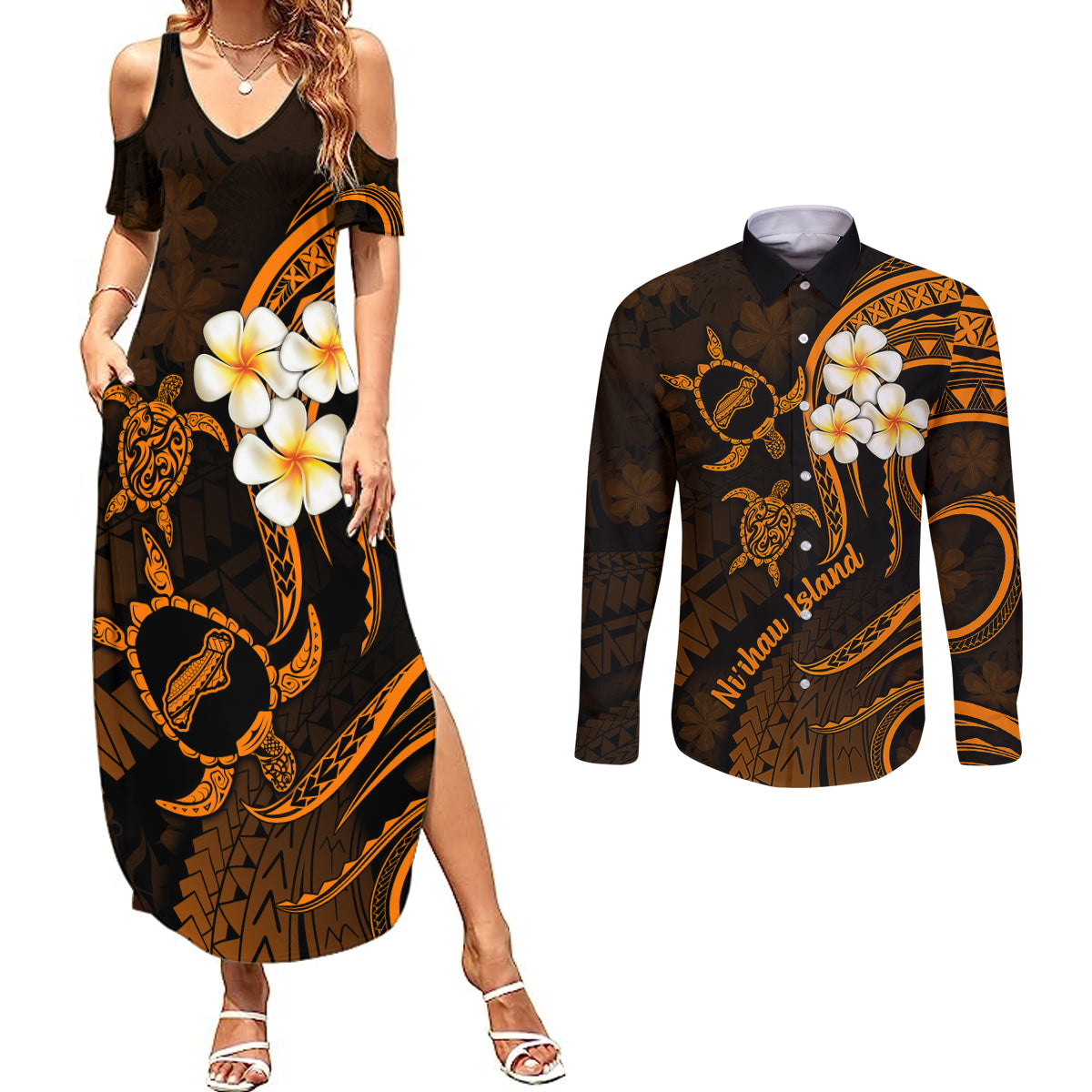 Hawaii Couples Summer Maxi Dress and Long Sleeve Button Shirts Niihau Islands Polynesian Sunset Plumeria Gold Vibe LT9 - Wonder Print Shop