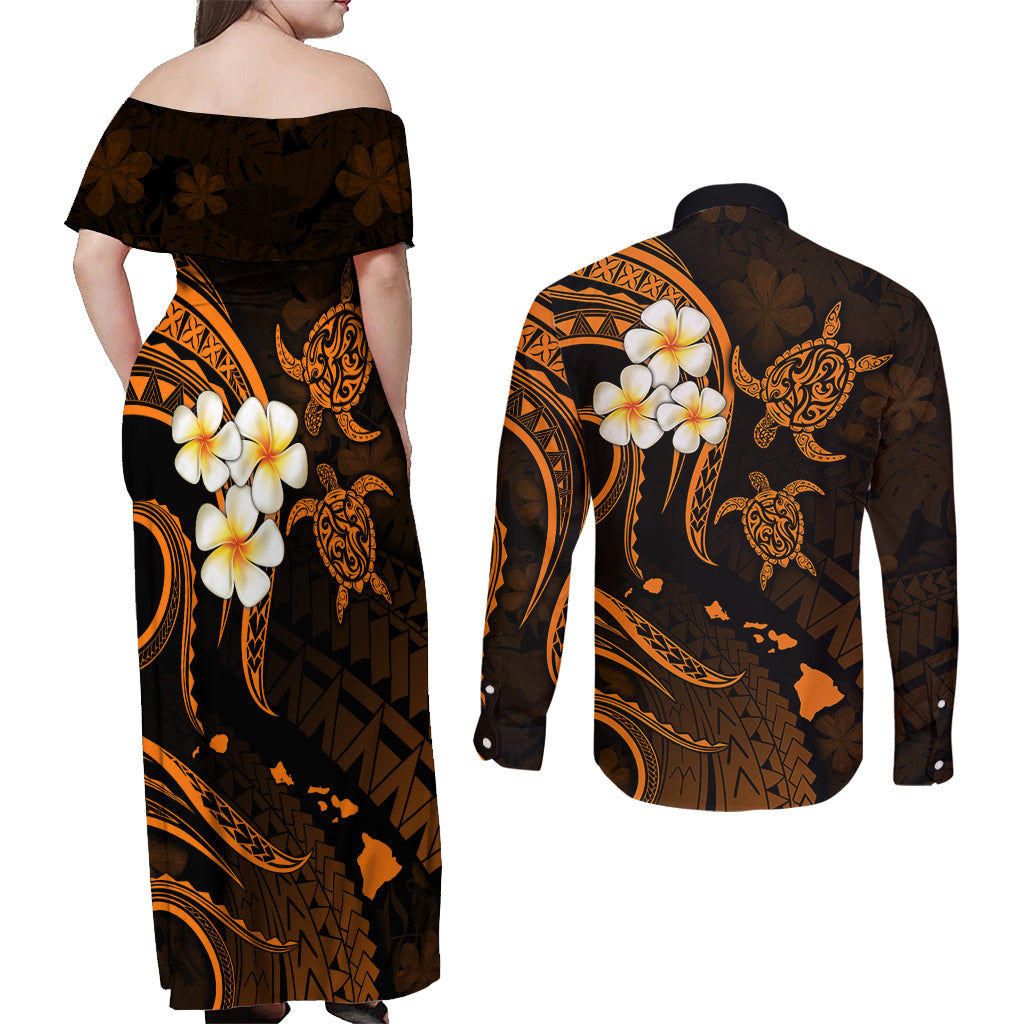 Hawaii Couples Off Shoulder Maxi Dress and Long Sleeve Button Shirts Niihau Islands Polynesian Sunset Plumeria Gold Vibe LT9 - Wonder Print Shop