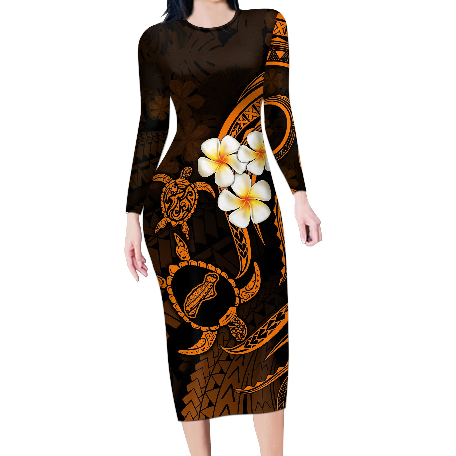 Hawaii Long Sleeve Bodycon Dress Niihau Islands Polynesian Sunset Plumeria Gold Vibe - Wonder Print Shop