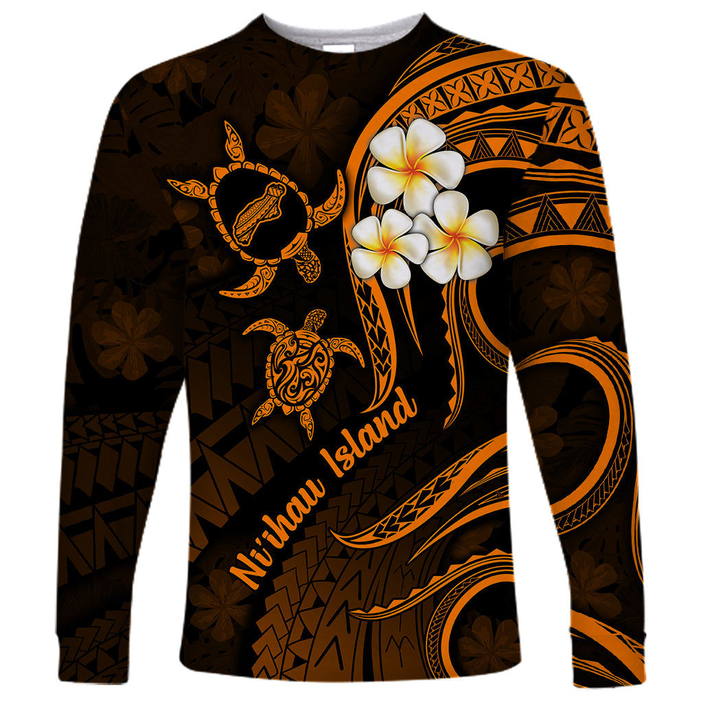 Hawaii Long Sleeve Shirt Niihau Islands Polynesian Sunset Plumeria Gold Vibe - Wonder Print Shop