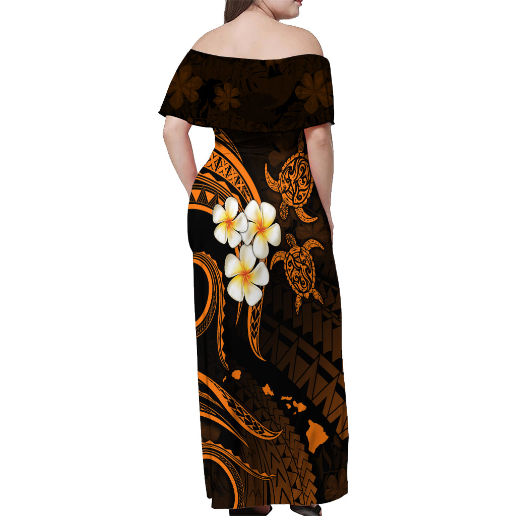 Hawaii Off Shoulder Maxi Dress Niihau Islands Polynesian Sunset Plumeria Gold Vibe - Wonder Print Shop