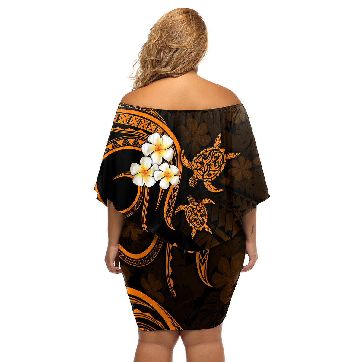 Hawaii Off Shoulder Short Dress Niihau Islands Polynesian Sunset Plumeria Gold Vibe - Wonder Print Shop