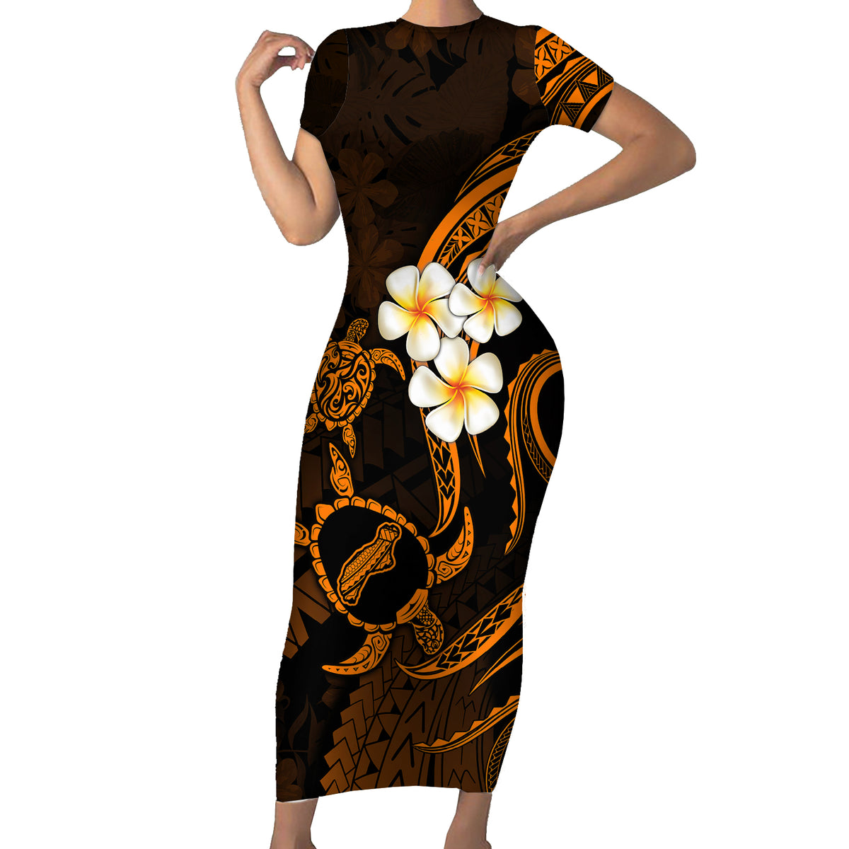 Hawaii Short Sleeve Bodycon Dress Niihau Islands Polynesian Sunset Plumeria Gold Vibe - Wonder Print Shop