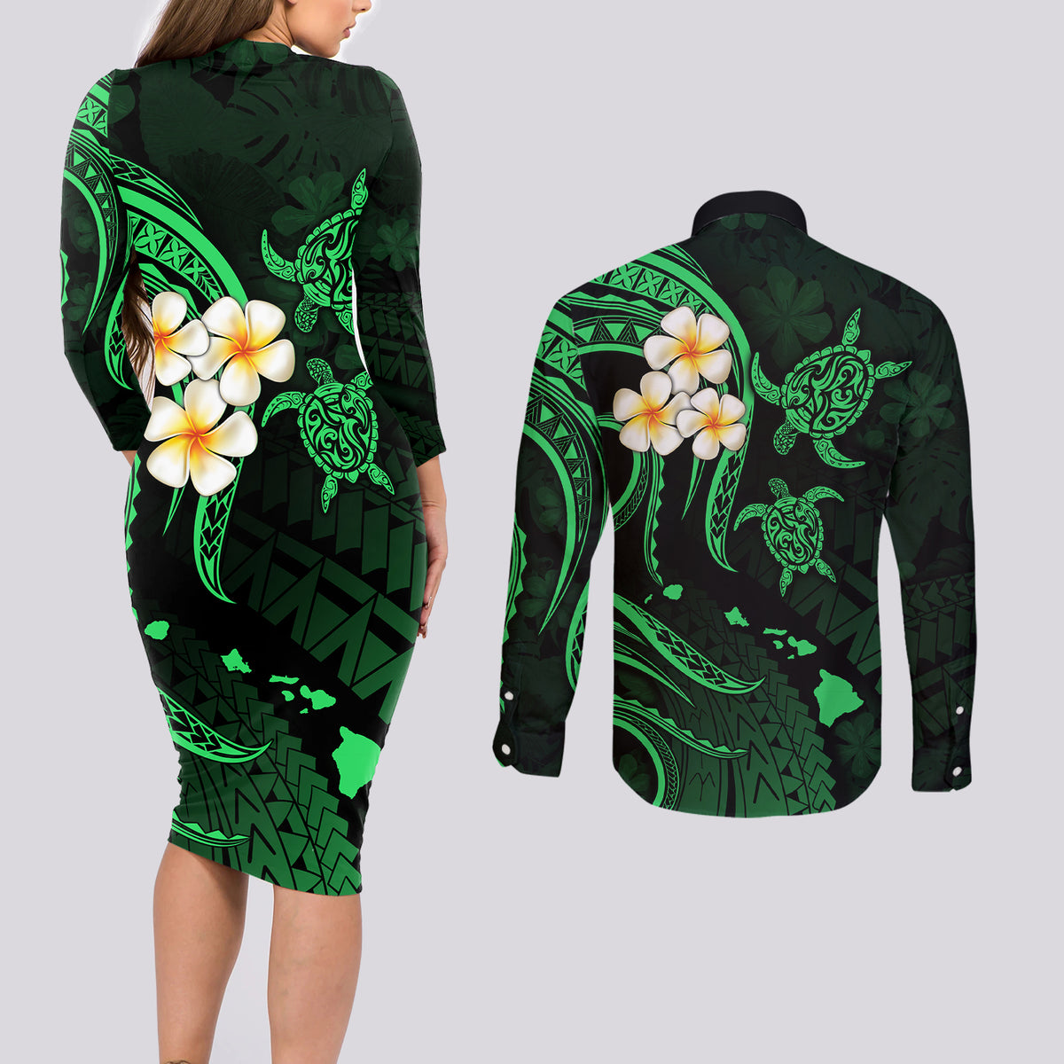 Hawaii Couples Long Sleeve Bodycon Dress and Long Sleeve Button Shirts Niihau Islands Polynesian Sunset Plumeria Green Vibe LT9 - Wonder Print Shop