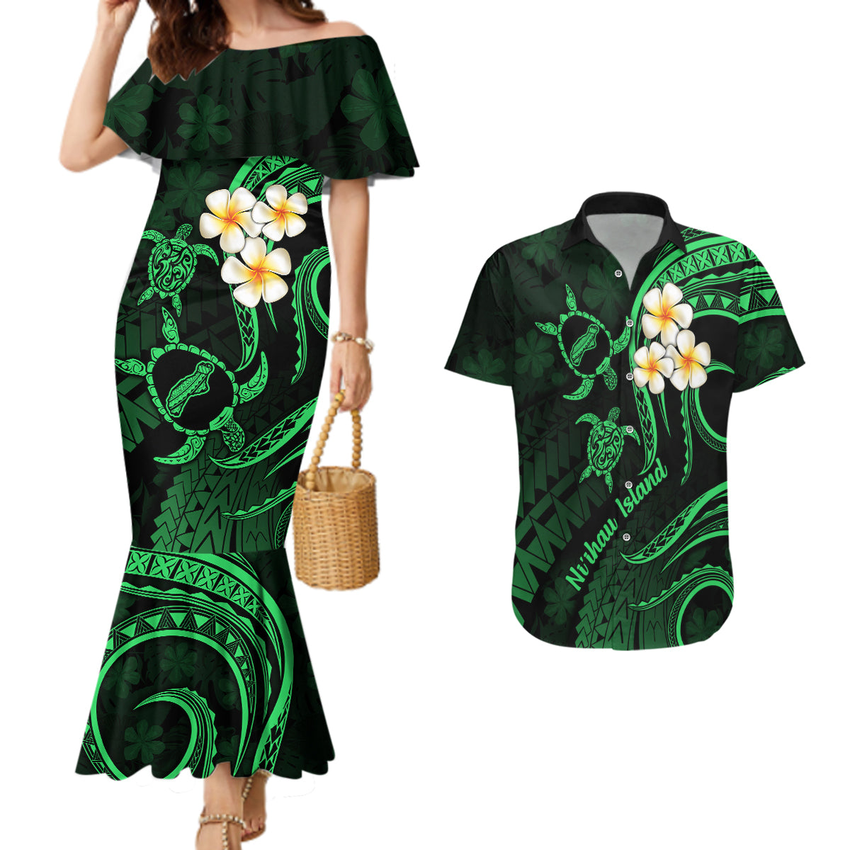 Hawaii Couples Mermaid Dress And Hawaiian Shirt Niihau Islands Polynesian Sunset Plumeria Green Vibe LT9 - Wonder Print Shop