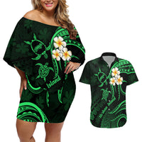 Hawaii Couples Off Shoulder Short Dress and Hawaiian Shirt Niihau Islands Polynesian Sunset Plumeria Green Vibe LT9 - Wonder Print Shop