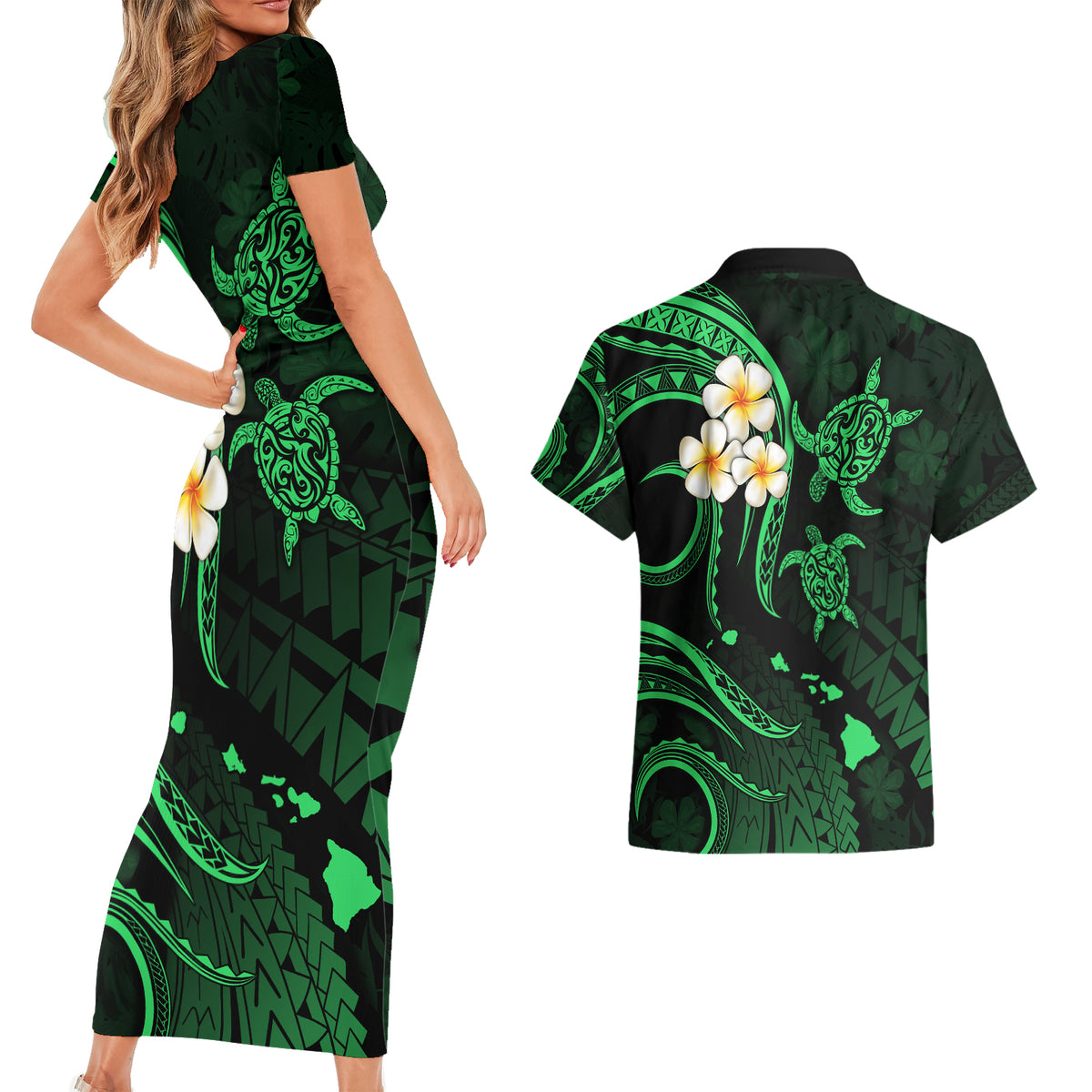 Hawaii Couples Short Sleeve Bodycon Dress and Hawaiian Shirt Niihau Islands Polynesian Sunset Plumeria Green Vibe LT9 - Wonder Print Shop