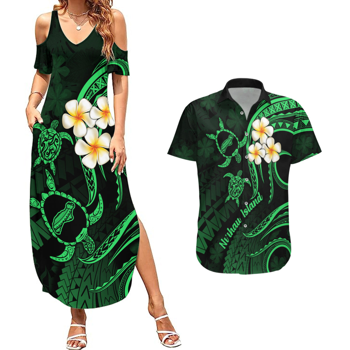 Hawaii Couples Summer Maxi Dress and Hawaiian Shirt Niihau Islands Polynesian Sunset Plumeria Green Vibe LT9 - Wonder Print Shop