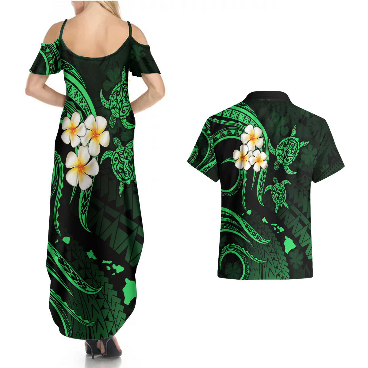 Hawaii Couples Summer Maxi Dress and Hawaiian Shirt Niihau Islands Polynesian Sunset Plumeria Green Vibe LT9 - Wonder Print Shop