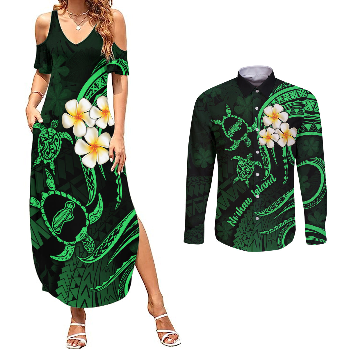 Hawaii Couples Summer Maxi Dress and Long Sleeve Button Shirts Niihau Islands Polynesian Sunset Plumeria Green Vibe LT9 - Wonder Print Shop