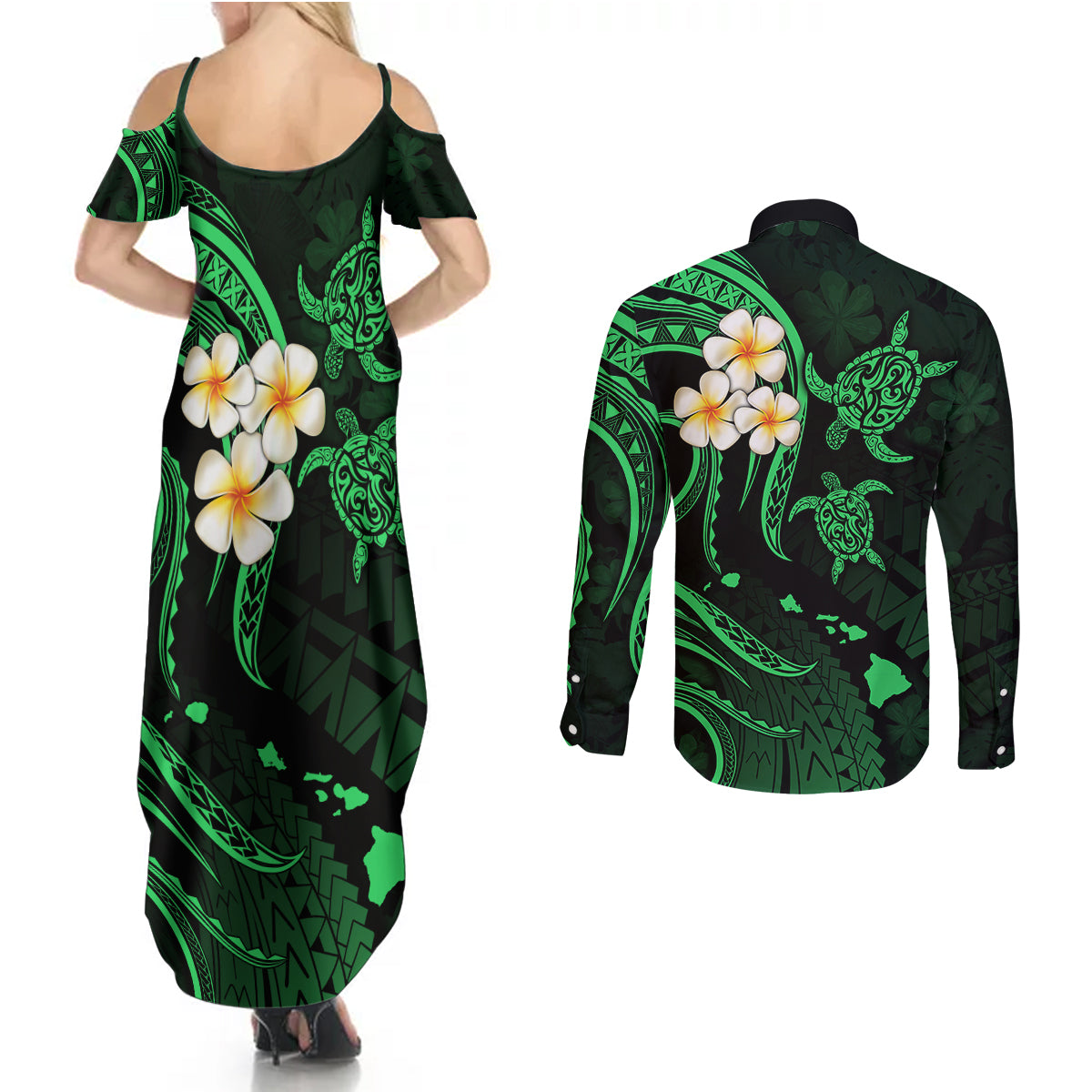 Hawaii Couples Summer Maxi Dress and Long Sleeve Button Shirts Niihau Islands Polynesian Sunset Plumeria Green Vibe LT9 - Wonder Print Shop