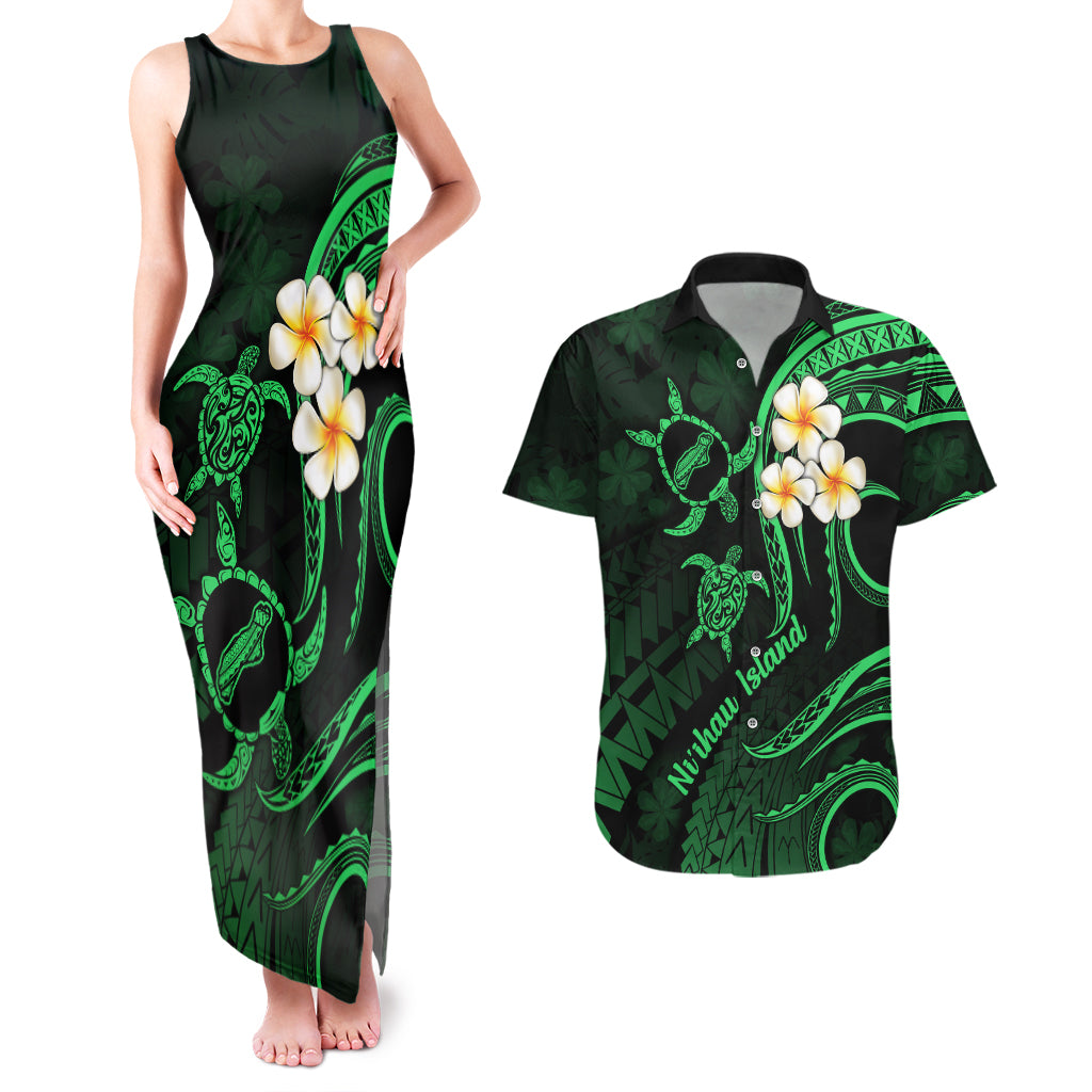 Hawaii Couples Matching Tank Maxi Dress And Hawaiian Shirt Niihau Islands Polynesian Sunset Plumeria Green Vibe LT9 - Wonder Print Shop