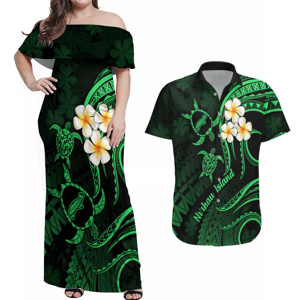 Hawaii Couples Off Shoulder Maxi Dress and Hawaiian Shirt Niihau Islands Polynesian Sunset Plumeria Green Vibe LT9 - Wonder Print Shop