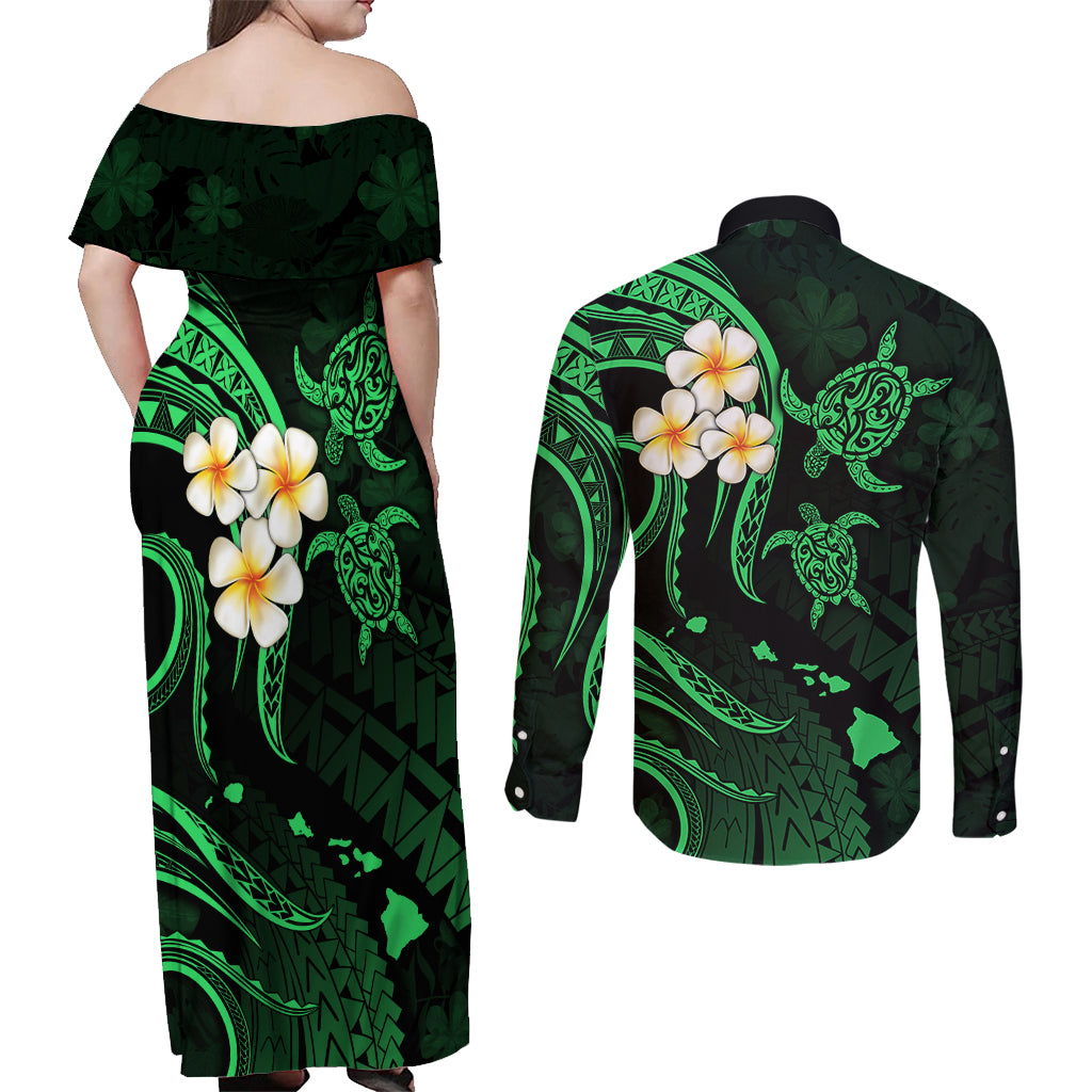 Hawaii Couples Off Shoulder Maxi Dress and Long Sleeve Button Shirts Niihau Islands Polynesian Sunset Plumeria Green Vibe LT9 - Wonder Print Shop