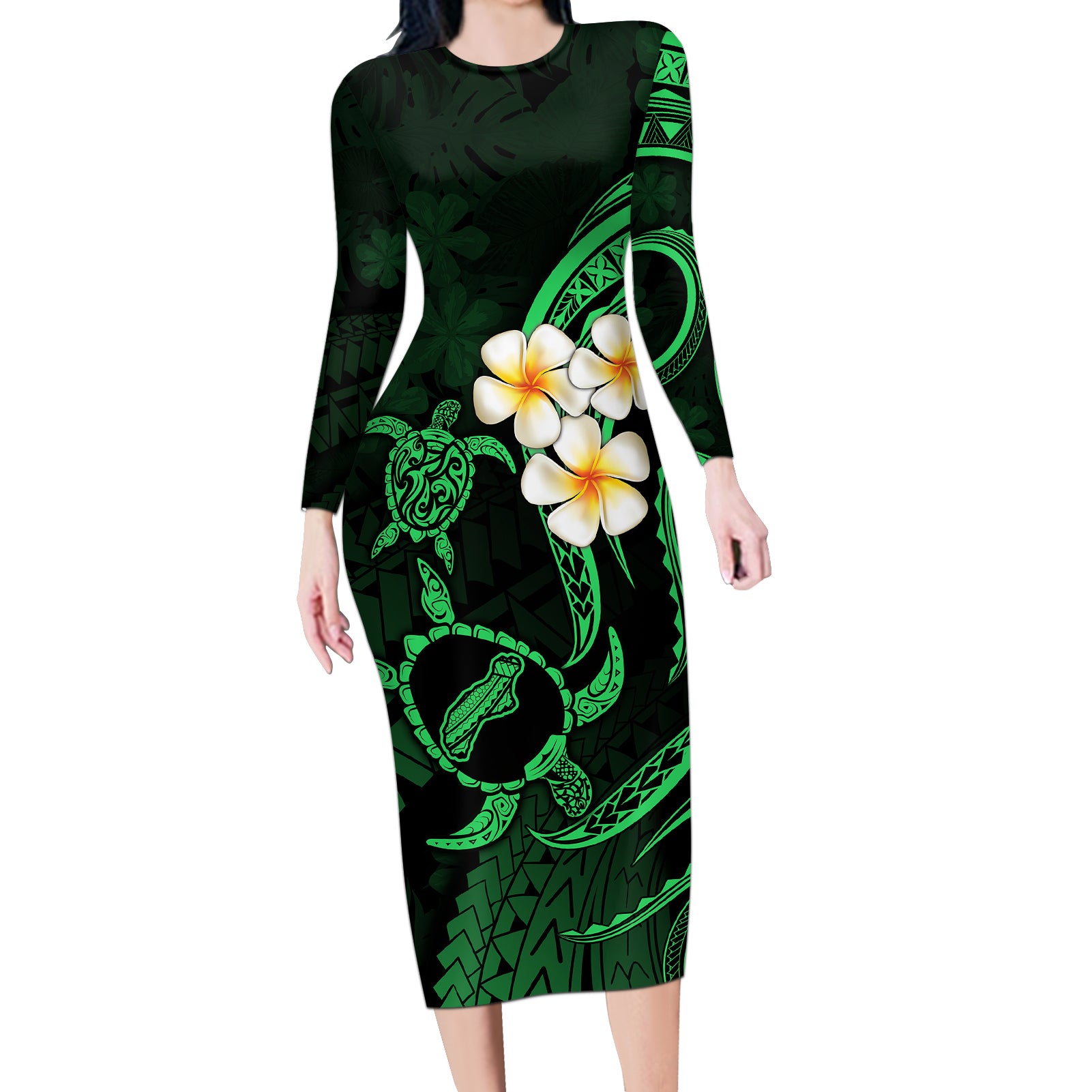 Hawaii Long Sleeve Bodycon Dress Niihau Islands Polynesian Sunset Plumeria Green Vibe - Wonder Print Shop