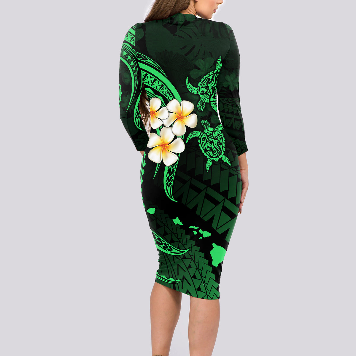 Hawaii Long Sleeve Bodycon Dress Niihau Islands Polynesian Sunset Plumeria Green Vibe - Wonder Print Shop
