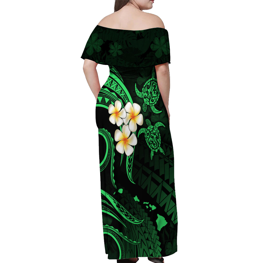 Hawaii Off Shoulder Maxi Dress Niihau Islands Polynesian Sunset Plumeria Green Vibe - Wonder Print Shop