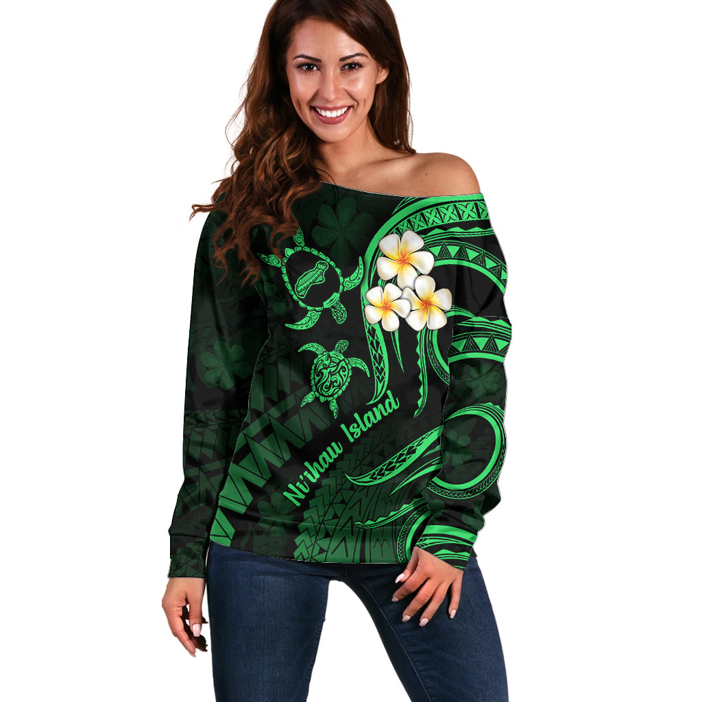 Hawaii Off Shoulder Sweater Niihau Islands Polynesian Sunset Plumeria Green Vibe - Wonder Print Shop