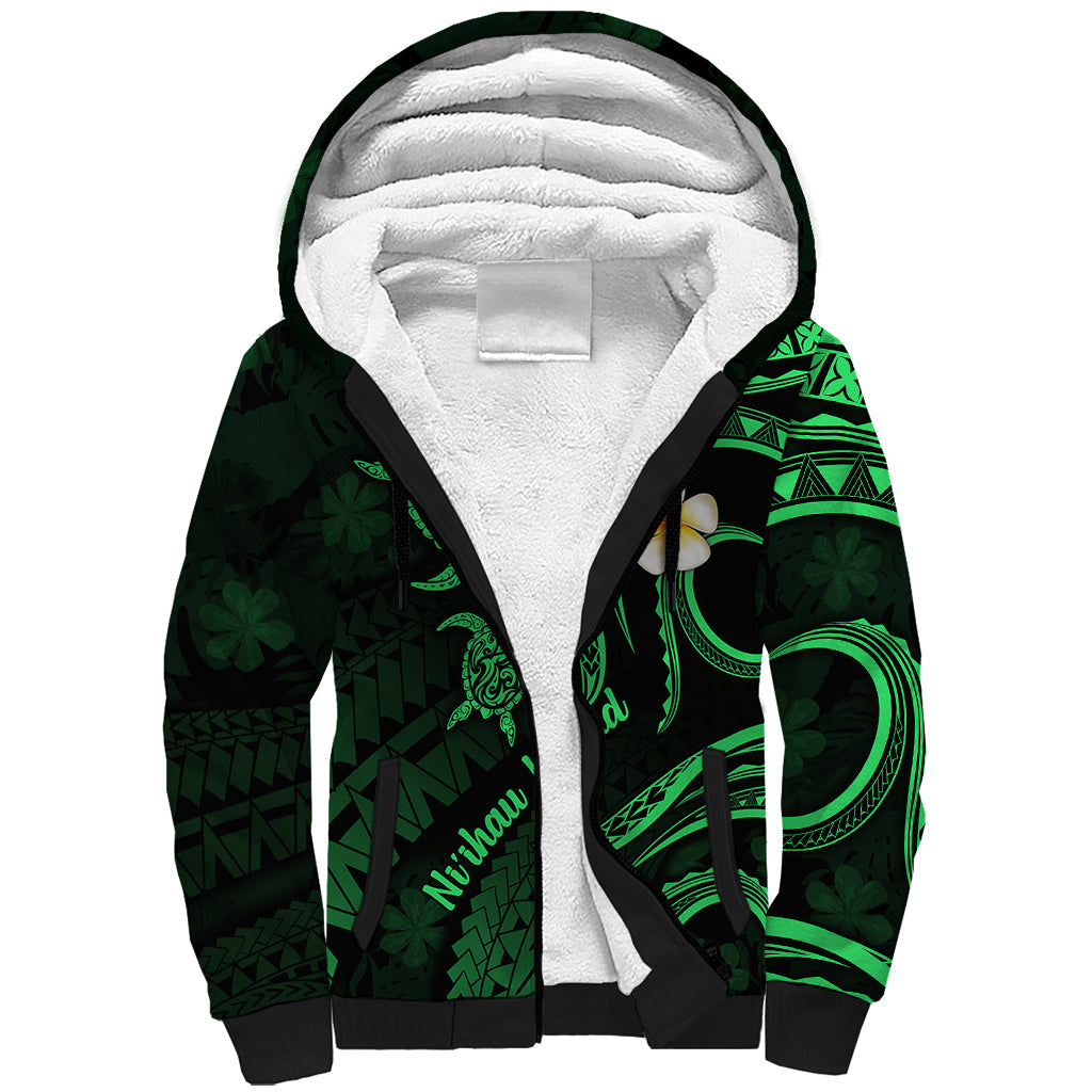 Hawaii Sherpa Hoodie Niihau Islands Polynesian Sunset Plumeria Green Vibe - Wonder Print Shop