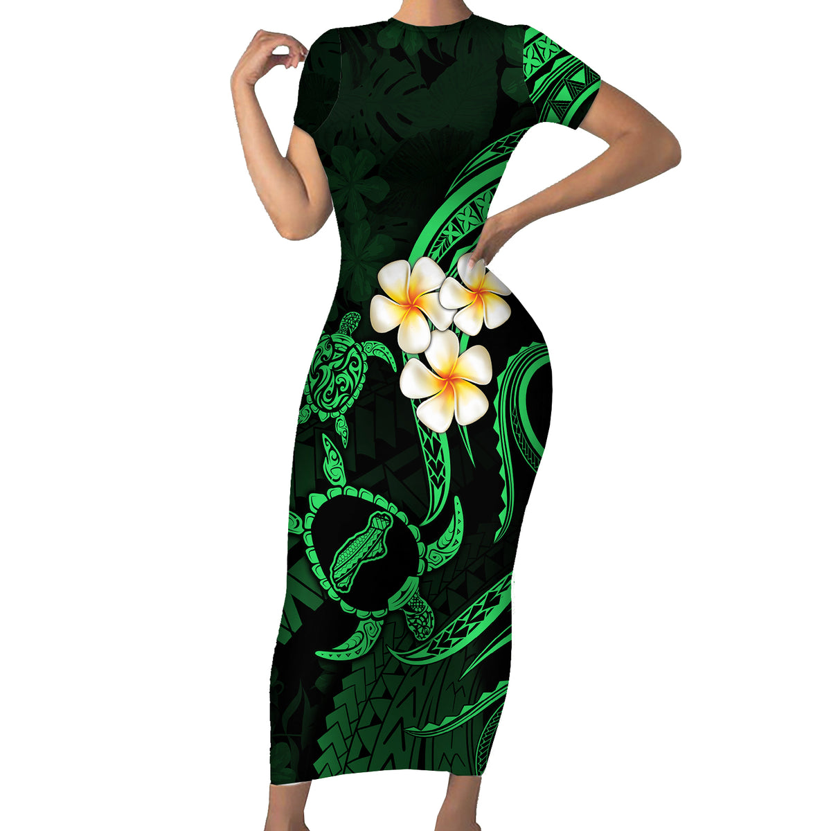 Hawaii Short Sleeve Bodycon Dress Niihau Islands Polynesian Sunset Plumeria Green Vibe - Wonder Print Shop