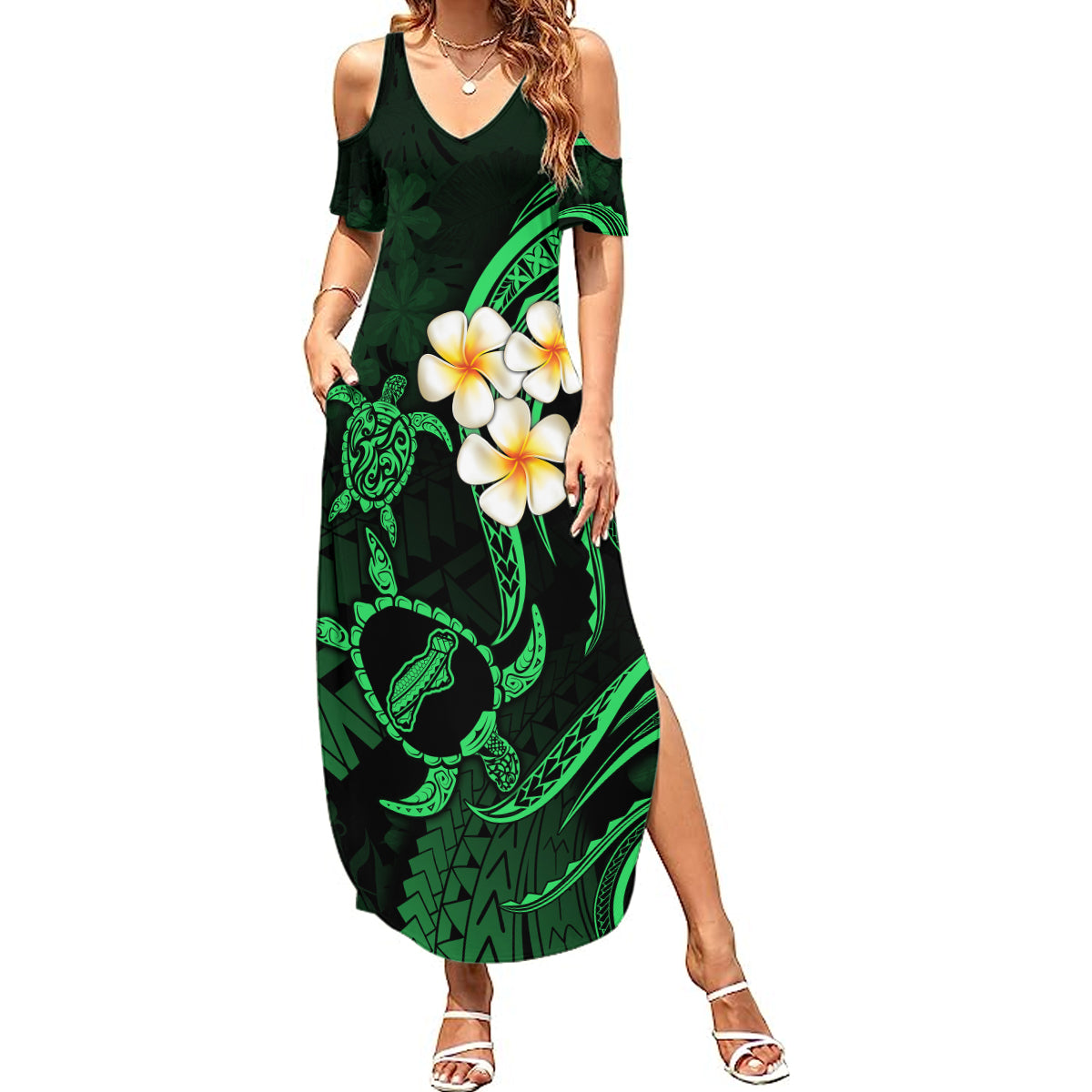 Hawaii Summer Maxi Dress Niihau Islands Polynesian Sunset Plumeria Green Vibe - Wonder Print Shop