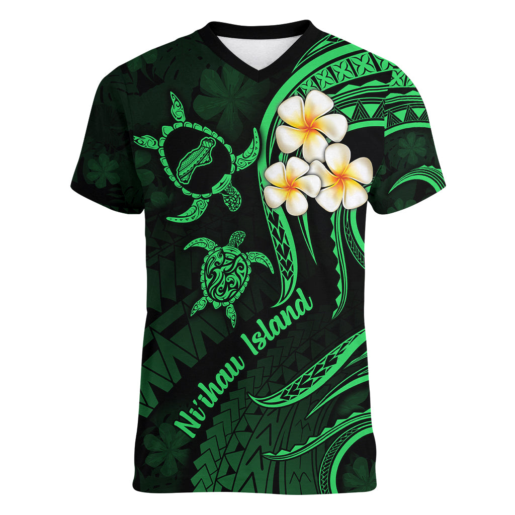 Hawaii Women V Neck T Shirt Niihau Islands Polynesian Sunset Plumeria Green Vibe - Wonder Print Shop