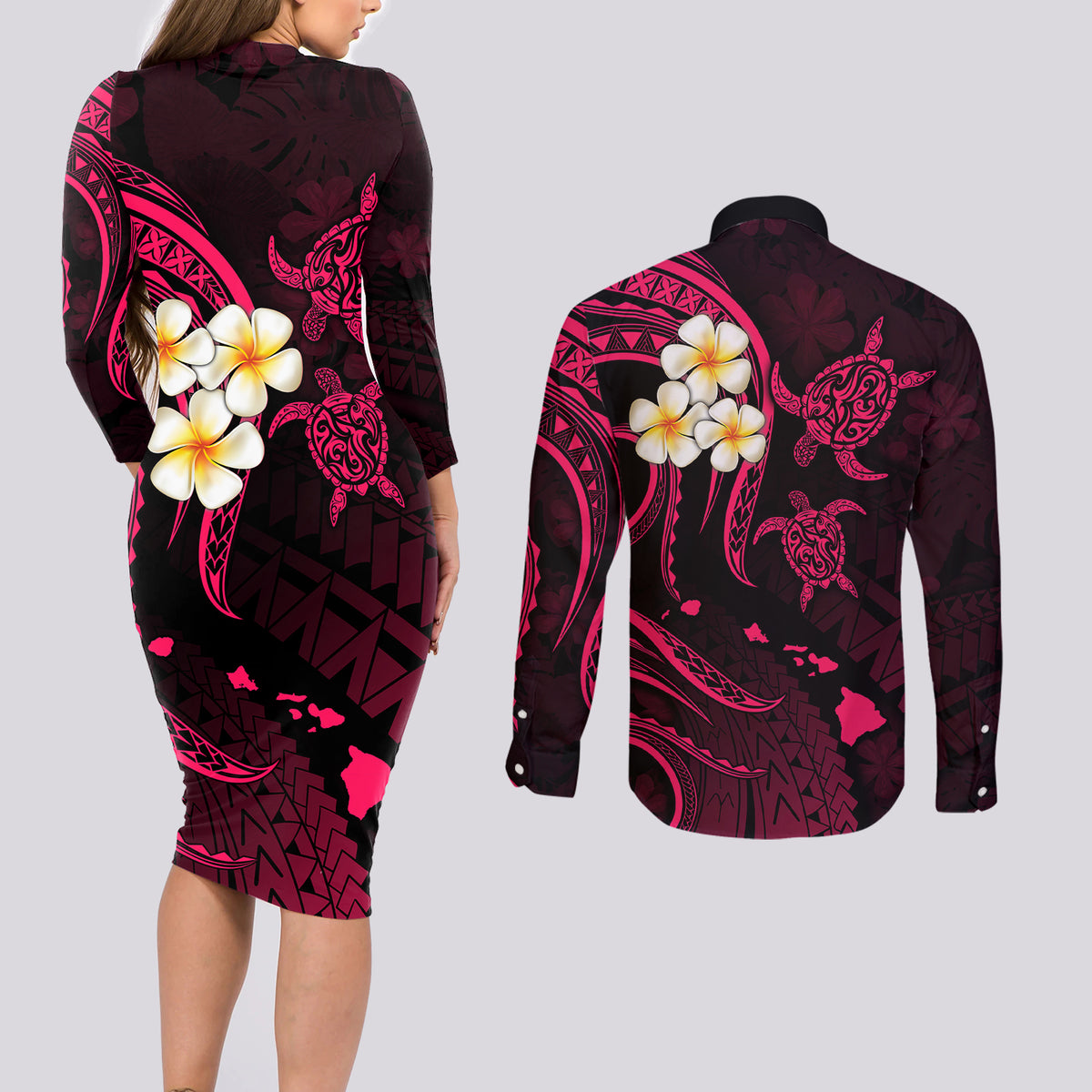 Hawaii Couples Long Sleeve Bodycon Dress and Long Sleeve Button Shirts Niihau Islands Polynesian Sunset Plumeria Pink Vibe LT9 - Wonder Print Shop