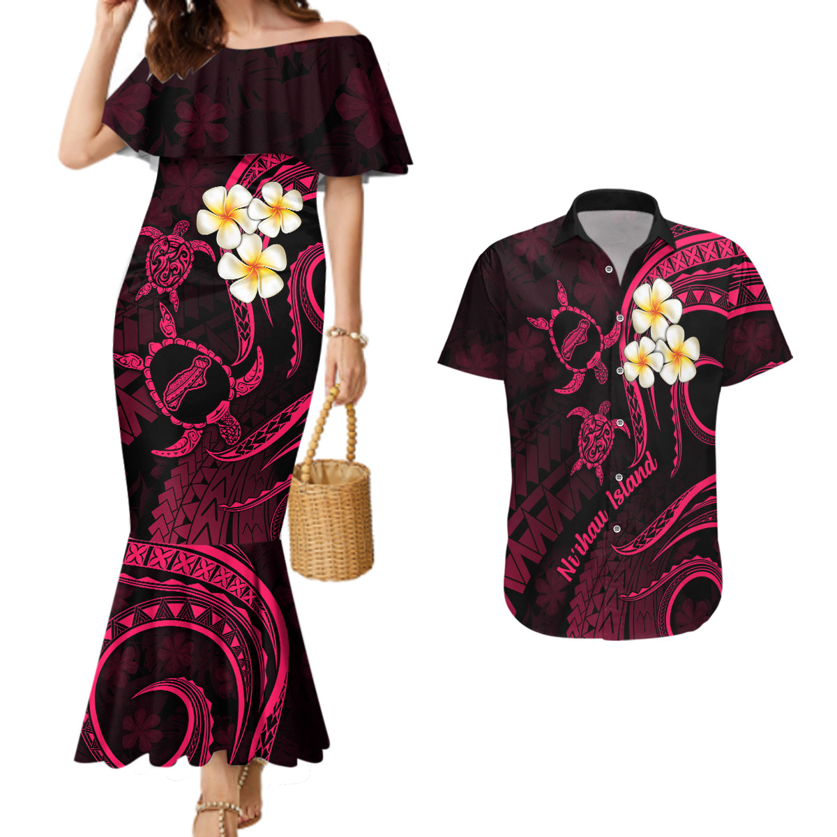 Hawaii Couples Mermaid Dress And Hawaiian Shirt Niihau Islands Polynesian Sunset Plumeria Pink Vibe LT9 - Wonder Print Shop