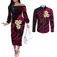 hawaii-couples-off-the-shoulder-long-sleeve-dress-and-long-sleeve-button-shirts-niihau-islands-polynesian-sunset-plumeria-pink-vibe